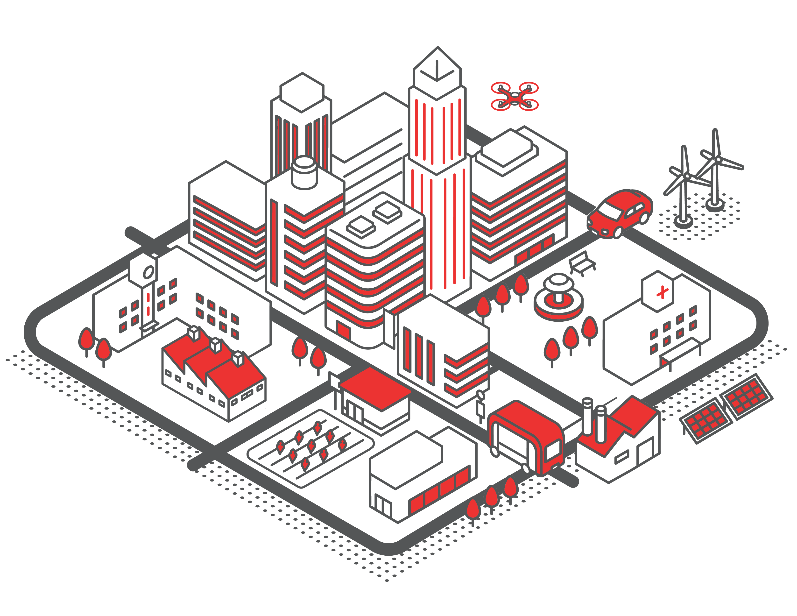 Illustration of a city with different types of businesses