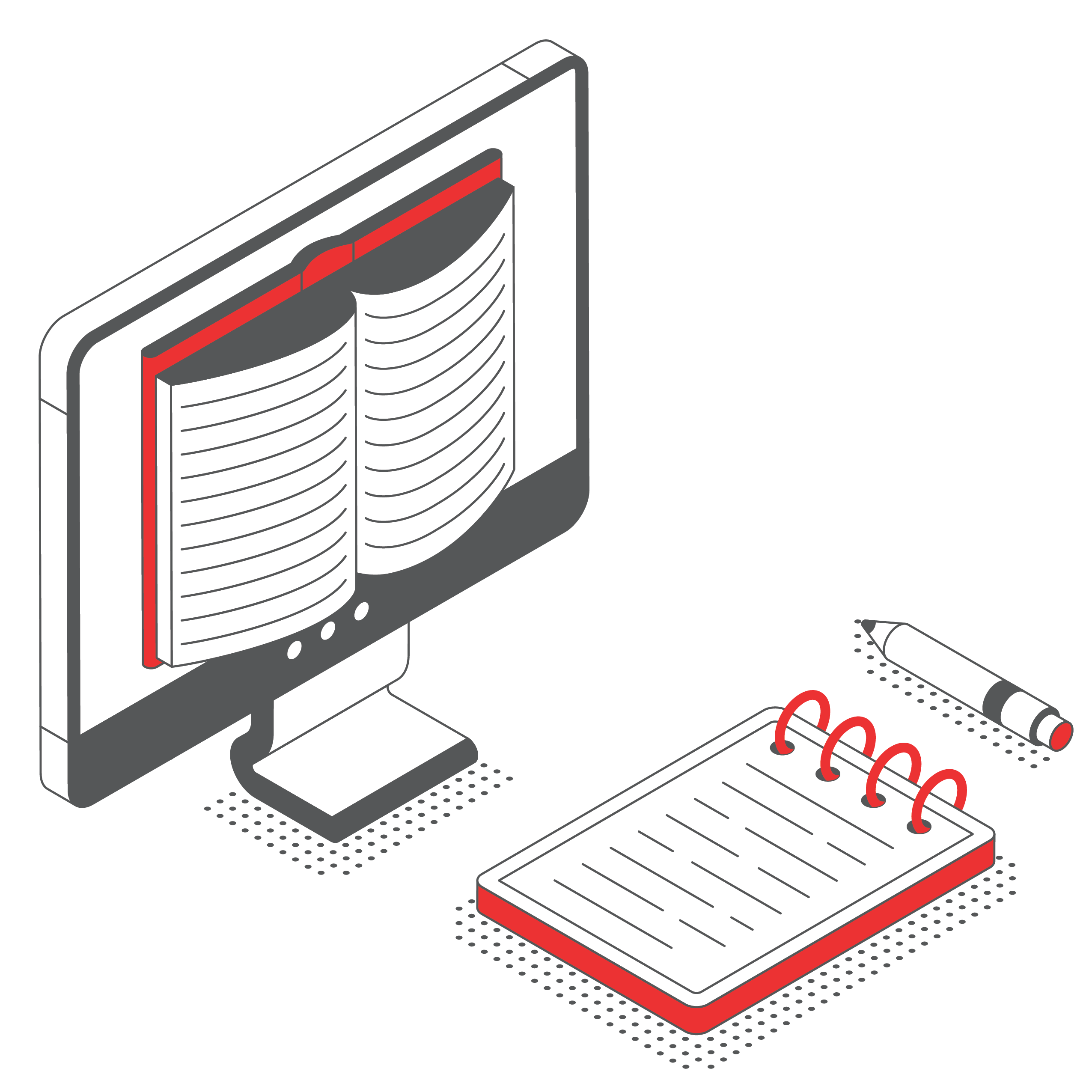 Illustration of a book on a screen, notepad, and pen